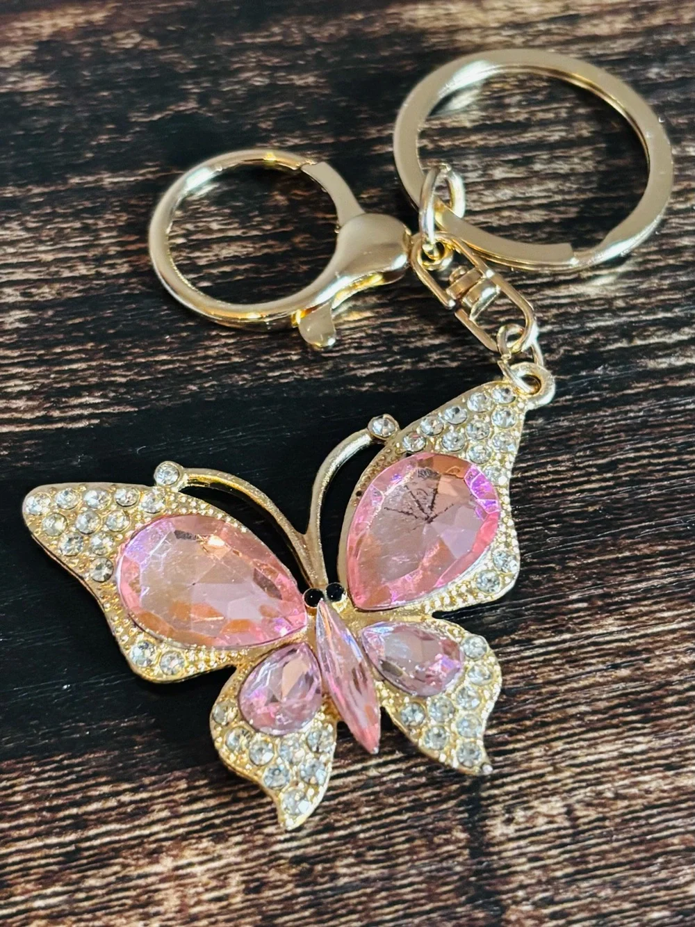 Pink Crystal Rhinestone Butterfly Keychain - Gold Tone